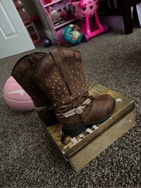 Kids Brown Studded Western Pull-On Boots with Decorative Straps